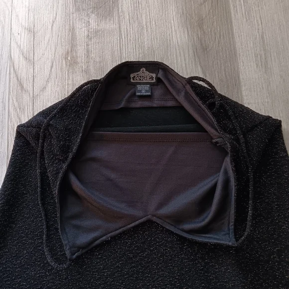 Angie Slip Mini Dress Black Silver Metallic Shimmer Spaghetti Strap Low V Medium - Picture 7 of 14